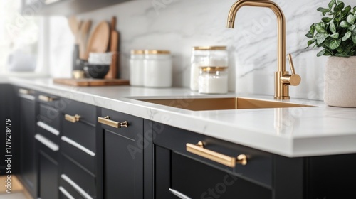 Modern kitchen with white marble countertop, black cabinets, gold accents, design features sleek cabinetry