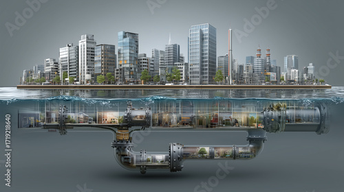 WaterTech Cityscape: Conceptual illustration of a city above water, showcasing infrastructure, buildings, and underground water systems, highlighting urban planning and sustainable technology