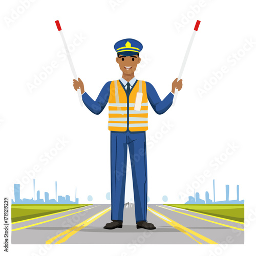 Dedicated airport ground marshaller in a safety vest and hat, holding signal wands, performing essential aircraft guidance duties on the tarmac, with a cityscape in the background