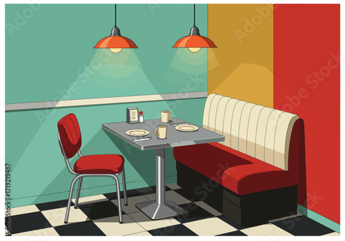 A vintage diner booth with a table set for two, illuminated by hanging lamps, evokes a sense of nostalgia and classic american dining culture