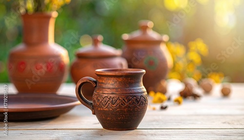 Rustic clay vessels on a weathered wood surface, warm sunlit backdrop with greenery creating a cozy, natural, and inviting still-life scene