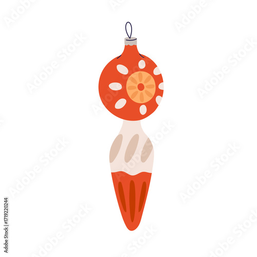 Bauble in vintage style. Christmas holiday ornament, retro craft toy, Xmas tree adornment. Antique festive decoration with hand-painted pattern. Flat vector illustration isolated on white background