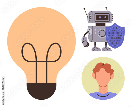 Large light bulb symbolizing innovation, robot with shield for AI and cybersecurity, human face illustrating creativity and collaboration. Ideal for technology, AI, innovation, security, creativity