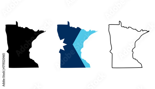Minnesota map set. Minnesota USA map vector. Minnesota flag map, silhouette, and outline on white background	