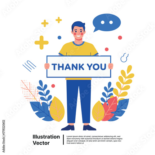 Illustration of a smiling man holding a thank you sign, surrounded by decorative leaves and abstract shapes