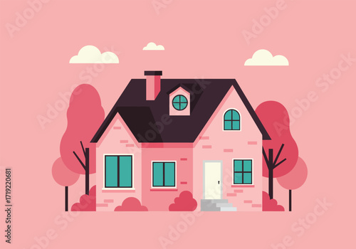 A charming pink house nestled among trees, featuring a brick chimney, a black roof, and round windows, all set against a soft pink background, creating a whimsical and inviting scene