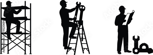 Industrial Worker Silhouettes on Ladder and Scaffold with Tools – Engineering and Maintenance Vector Illustration