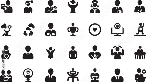  Core value, leadership icon set. Vector glyph pictograms of business vision, ethics, motivation concept, trust, teamwork, growth, innovation, integrity black silhouette illustration