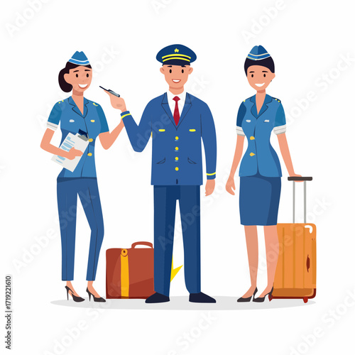 Flat illustration of Airport personnel flat characters set contain dispatcher, stewardess, air hostess isolate on white background
