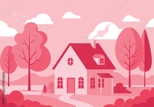 A charming pink house nestled among trees, featuring a brick chimney, a black roof, and round windows, all set against a soft pink background, creating a whimsical and inviting scene