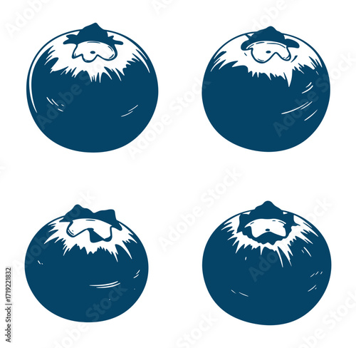 Stylized dark blue ink drawn blueberries isolated on white background for design elements