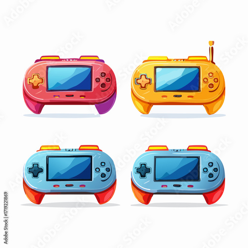 A vibrant collection of cartoon-style handheld portable video game consoles, featuring colorful buttons and screens, perfect for gaming nostalgia or modern entertainment concepts in a clean