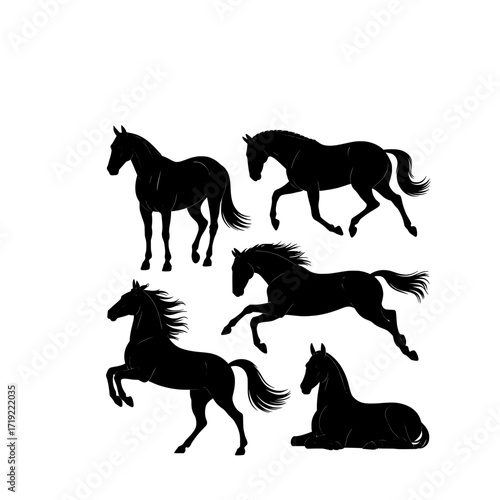 Collection of six black horse silhouettes in various dynamic poses isolated on transparent background