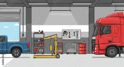 Mechanic's Garage with a Pickup Truck and a Semi-Truck