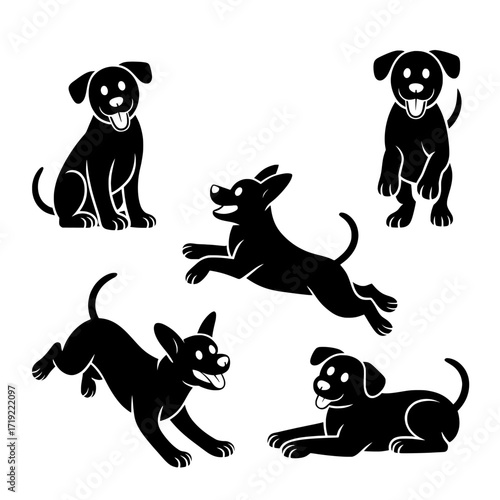 Collection of five black silhouette dog poses showing playful and relaxed actions isolated on transparent background