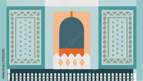 A detailed illustration of a mosque with a clock, highlighting its architectural features and the importance of time in prayer.
