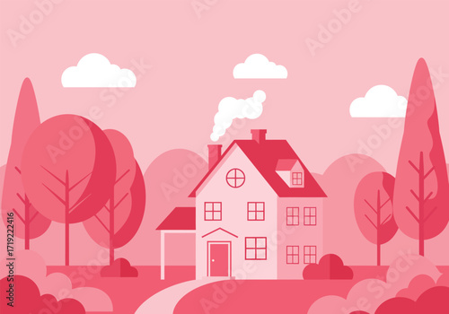 A charming pink house nestled among trees, featuring a brick chimney, a black roof, and round windows, all set against a soft pink background, creating a whimsical and inviting scene