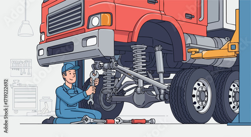 Mechanic Working on the Suspension and Underbody of a Truck
