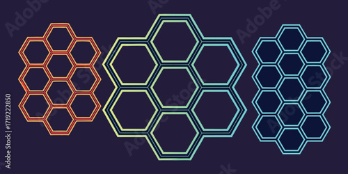Three glowing honeycomb structures in orange green and blue