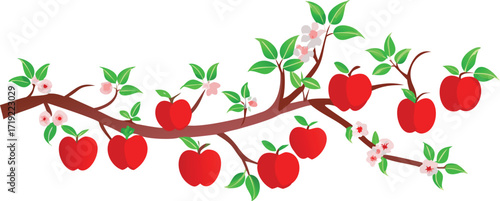Illustration of an apple branch featuring lush green leaves and ripe red apples, representing a fresh fruit theme.
