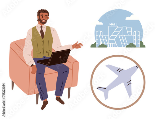 Man in vest seated on armchair holding laptop, gesturing in discussion. Circular plane graphic and shopping mall in backdrop. Ideal for travel, business, lifestyle, retail, aviation, planning modern