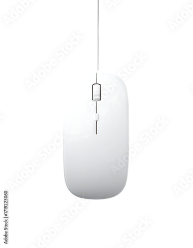 A simple, white wired computer mouse with a single button and scroll wheel, depicted against a black background