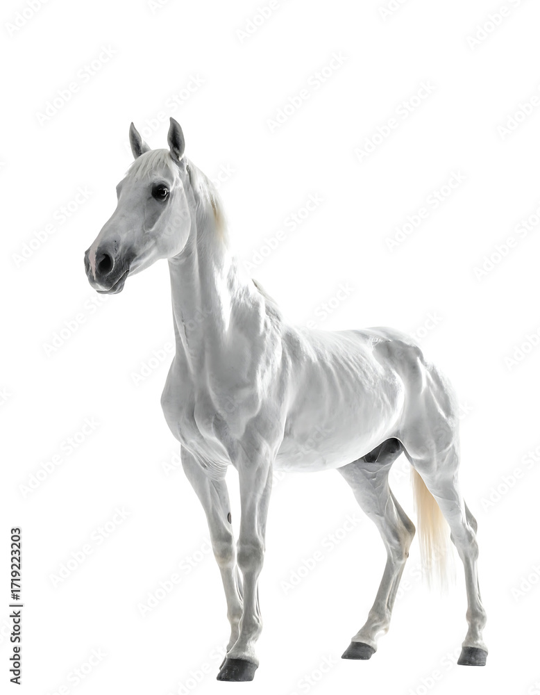 Obraz premium A majestic, grey horse stands against a black background, showcasing its muscular build and flowing mane and tail