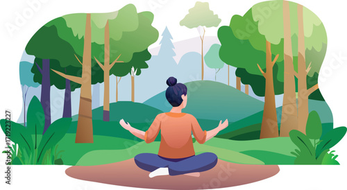 A woman meditates peacefully in a forest, enveloped by trees and natural light, creating a calm and serene atmosphere.