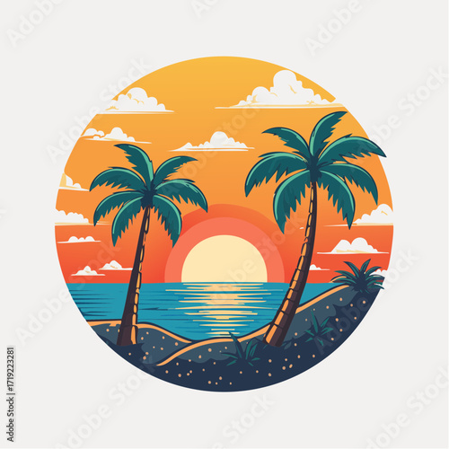 Tropical Beach Paradise at Sunset with Palm Trees Illustration