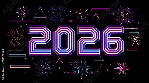 Neon number 2026 glowing with futuristic fireworks on black background. Celebration of New Year and other future events.