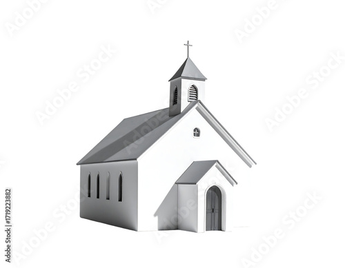 A grayscale 3D rendering of a simple, small, white church with a steeple, cross, and three visible windows