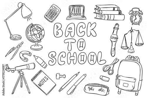 Back to school text with doodle style school supplies and learning objects on white background. Educational hand drawn vector for coloring pages, posters, and childrens creative projects