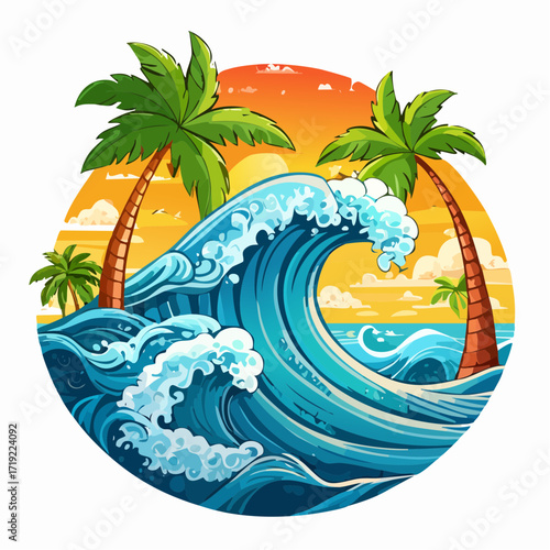 Tropical Paradise Palm Trees, Ocean Waves, and a Sunset Sky Create a Relaxing Vacation Scene