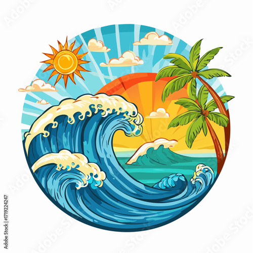 Dynamic illustration of a big ocean wave crashing near a sunny tropical beach with palm trees, evoking a vibrant summer vacation and surfing adventure