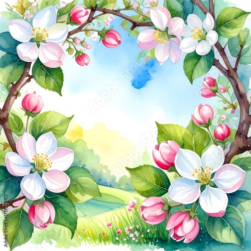 Blossoming apple trees frame a sunny landscape