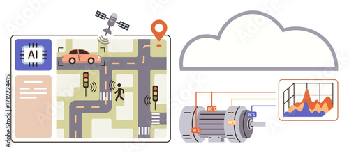 AI controls traffic via sensors, satellite, and data visualization integrates with motors and cloud. Ideal for technology, smart cities, IoT, innovation, automation AI urban planning. Simple flat
