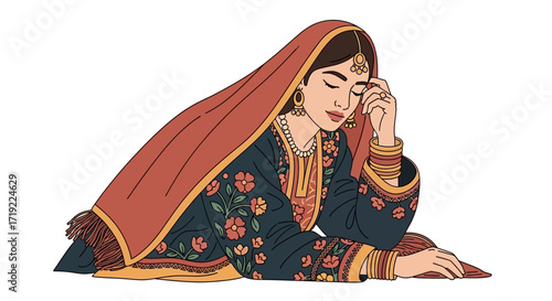 Illustration of a woman in traditional attire with intricate floral embroidery, draped in a red headscarf, and adorned with delicate jewelry, evoking a sense of grace and cultural richness