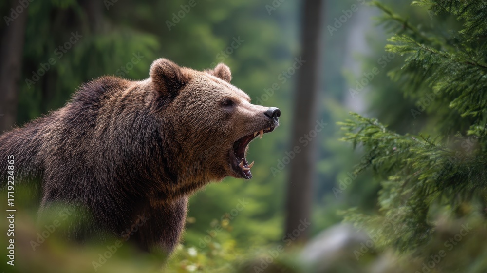 Obraz premium European brown bear roaring in forest. Wild animal showing teeth. Dangerous mammal wildlife scene. Nature conservation concept.