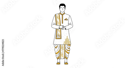 An illustration of a man in traditional Indian attire, showcasing a kurta, dhoti, and shawl with intricate golden embroidery, representing cultural heritage