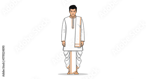 Elegant Indian Attire A Digital Illustration of a Man Dressed in Traditional White Kurta, Dhoti, and Shawl. Celebrating Indian Culture and Fashion