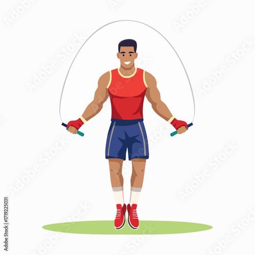 Vibrant vector illustration of a fit man performing a jump rope exercise, showcasing a healthy and active lifestyle with focus on fitness, cardio, and physical training
