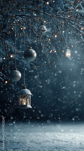Snowy Lantern and Christmas Baubles Hanging on Winter Tree Branches