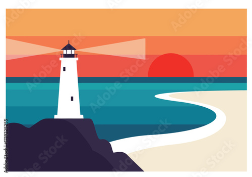 A picturesque lighthouse stands tall on a rocky shore, with a vibrant sunset painting the sky, as waves gently roll onto the sandy beach, creating a serene coastal landscape