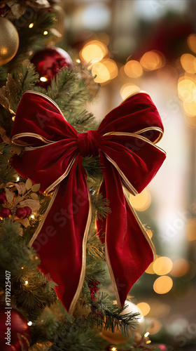 Red Velvet Christmas Bow with Golden Trim on Festive Tree Decoration