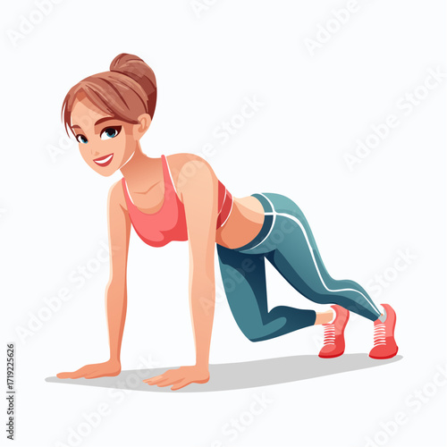 Energetic and cheerful animated woman in activewear doing a floor exercise, promoting a healthy and joyful approach to fitness and physical well-being