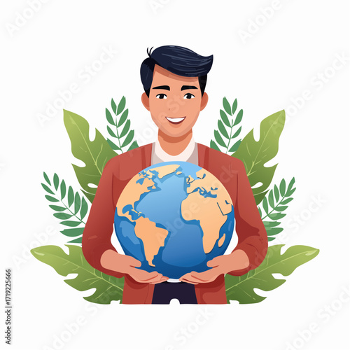 Smiling man holding the planet Earth with green leaves, symbolizing environmental protection, global care, and sustainability for a better future for humanity