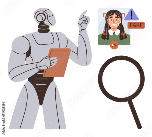 Robot holding tablet, pointing to a flagged alert on an image with Fake label. Magnifying glass nearby. Ideal for technology, ethics, AI tools, content moderation, digital forensics, cybersecurity