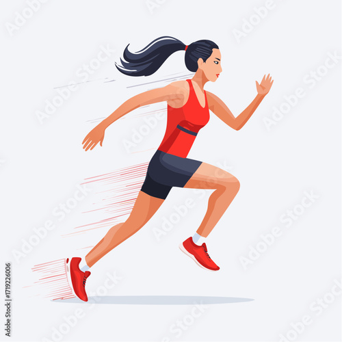 Dynamic Runner Energetic Woman Sprinting Across the Finish Line in Vibrant Sportswear