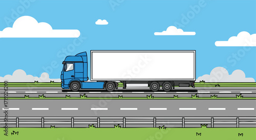 Blue Semi-Truck with a Blank White Cargo Trailer on a Highway