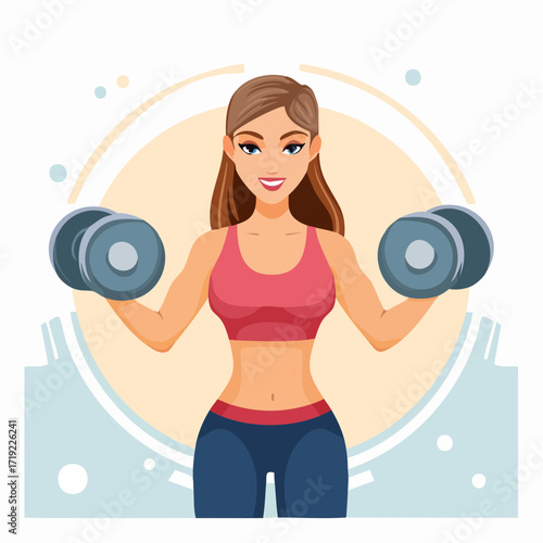 Vibrant illustration of a young woman engaging in strength training, confidently lifting dumbbells as part of her healthy lifestyle and fitness journey